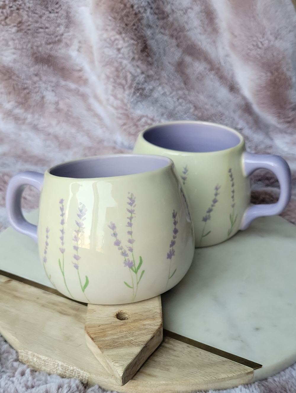 Cost Plus World Market Pale Yellow & Lavender Floral Ceramic Mug Pair